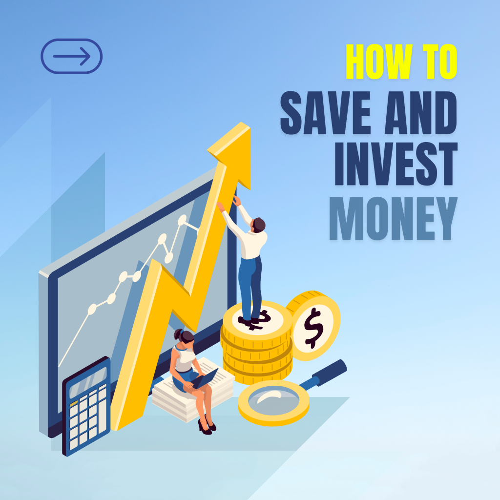 blue and yellow modern how to save and invest money instagram post